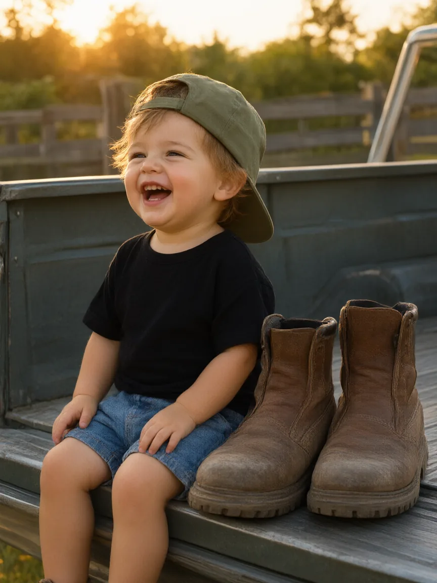A laughing toddler in a black tee and a green cap sits in a truck bed next to a pair of work boots.