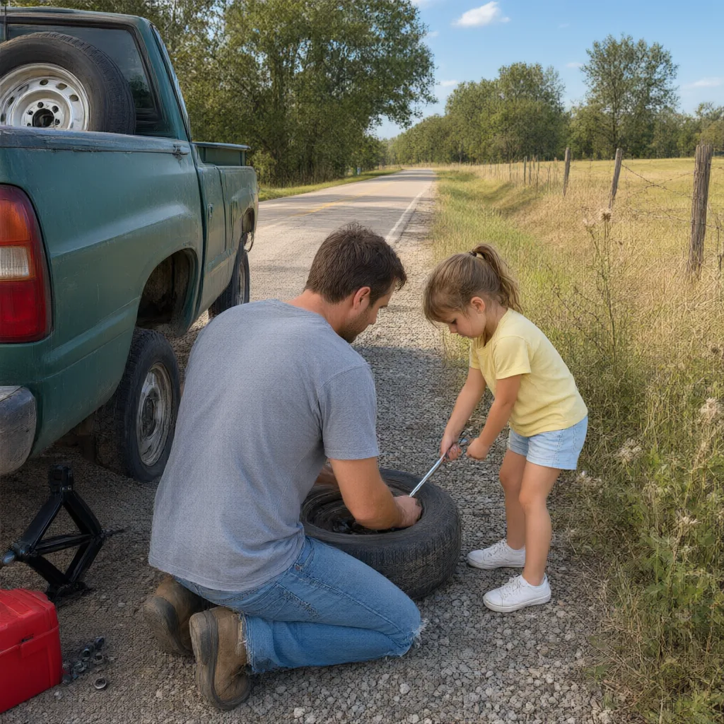 A dad changes a tire on a country road while his daughter helps